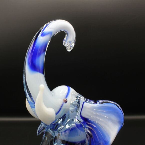 Vintage Art Glass Elephant Figurine Hand Blown Retr0 Blue White Swirl Sculpture - Picture 3 of 7